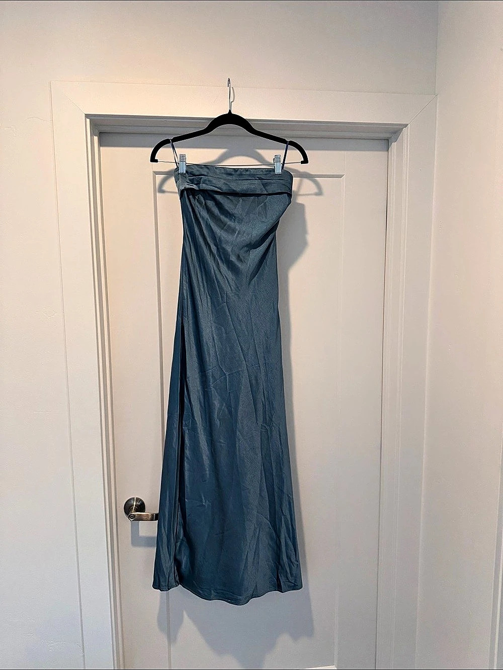 Lulus Effortless Bliss Royal Blue Satin Strapless Cowl Back Midi Dress